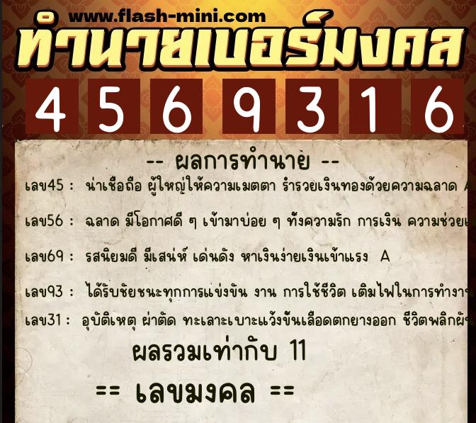 ทำนายเบอร์มงคล 0XX-4569316  ทำนายเบอร์มงคล หมายเลข 065-456931 