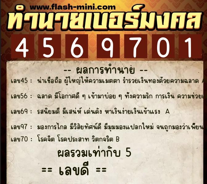 ทำนายเบอร์มงคล 0XX-4569701  ทำนายเบอร์มงคล หมายเลข 066-456970 