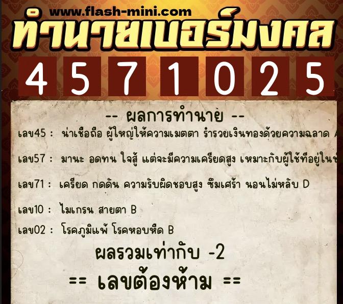 ทำนายเบอร์มงคล 0XX-4571025  ทำนายเบอร์มงคล หมายเลข 089-457102 