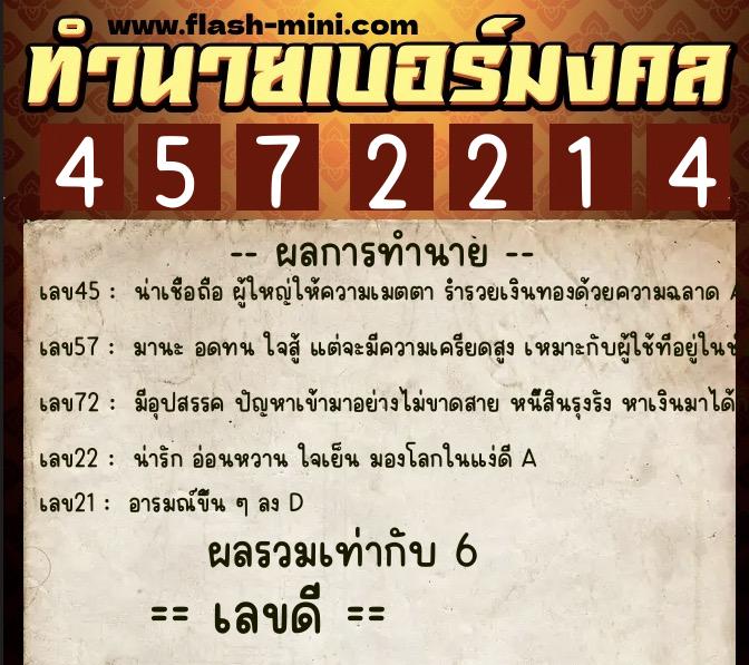 ทำนายเบอร์มงคล 0XX-4572214  ทำนายเบอร์มงคล หมายเลข 094-457221 