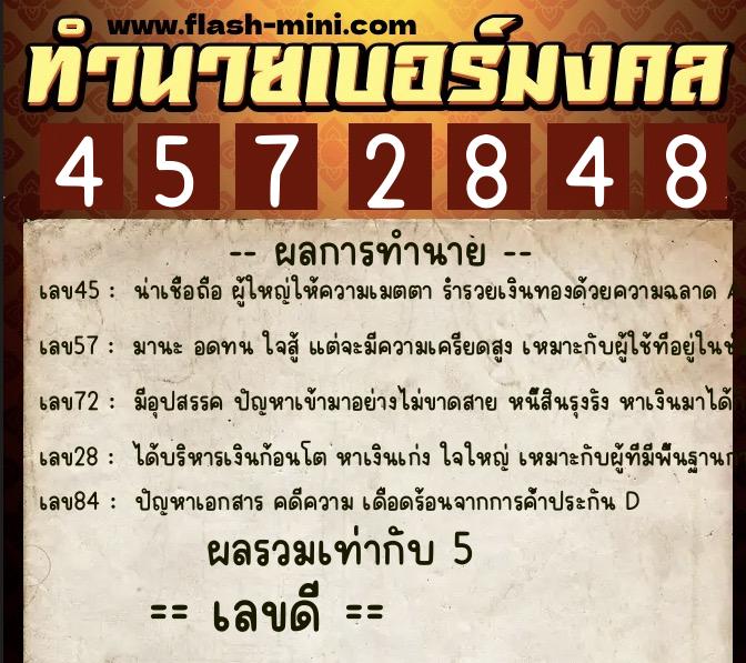 ทำนายเบอร์มงคล 0XX-4572848  ทำนายเบอร์มงคล หมายเลข 084-457284 