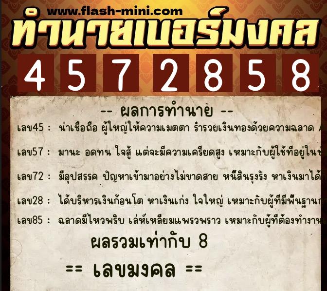 ทำนายเบอร์มงคล 0XX-4572858  ทำนายเบอร์มงคล หมายเลข 096-457285 