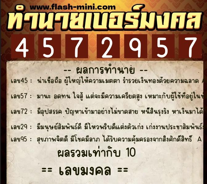 ทำนายเบอร์มงคล 0XX-4572957  ทำนายเบอร์มงคล หมายเลข 066-457295 