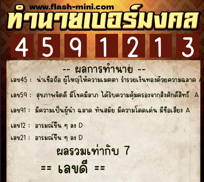 ทำนายเบอร์มงคล 0XX-4591213  ทำนายเบอร์มงคล หมายเลข 084-459121 