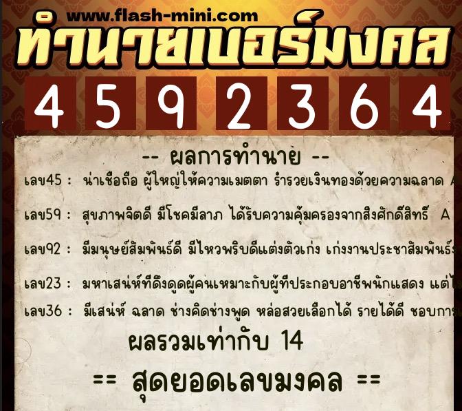 ทำนายเบอร์มงคล 0XX-4592364  ทำนายเบอร์มงคล หมายเลข 064-459236 