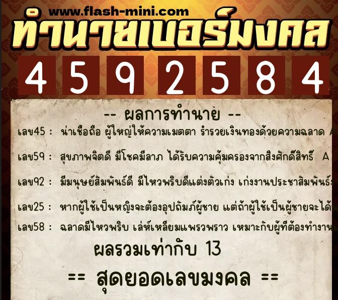 ทำนายเบอร์มงคล 0XX-4592584  ทำนายเบอร์มงคล หมายเลข 084-459258 