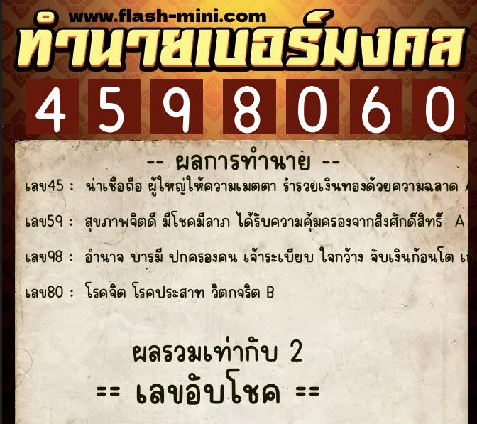 ทำนายเบอร์มงคล 0XX-4598060  ทำนายเบอร์มงคล หมายเลข 080-459806 