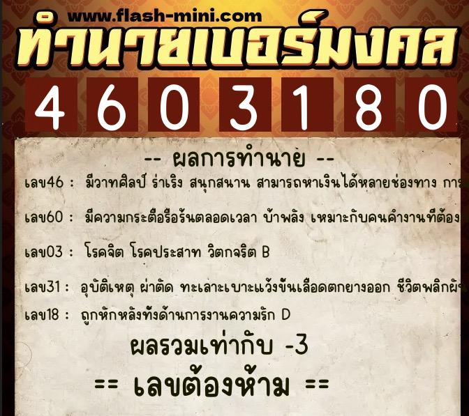 ทำนายเบอร์มงคล 0XX-4603180  ทำนายเบอร์มงคล หมายเลข 065-460318 