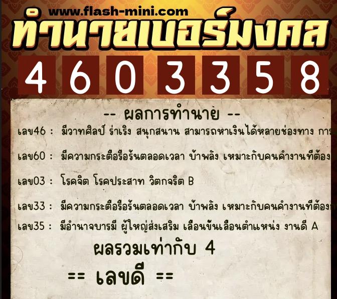 ทำนายเบอร์มงคล 0XX-4603358  ทำนายเบอร์มงคล หมายเลข 094-460335 