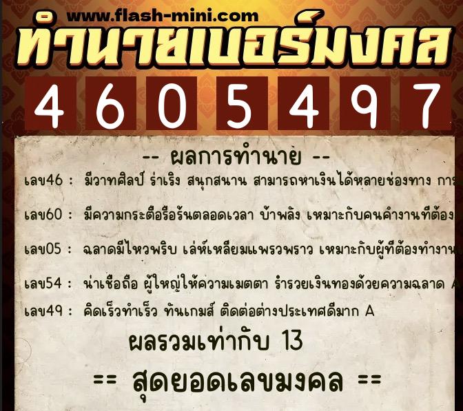 ทำนายเบอร์มงคล 0XX-4605497  ทำนายเบอร์มงคล หมายเลข 097-460549 