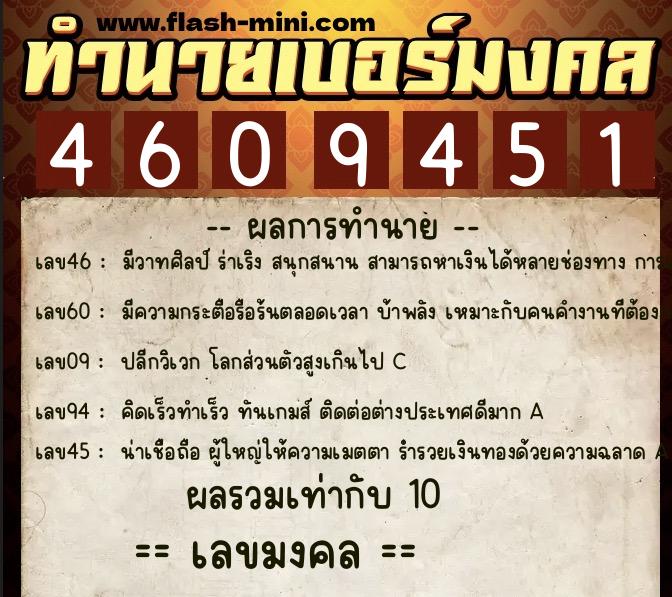 ทำนายเบอร์มงคล 0XX-4609451  ทำนายเบอร์มงคล หมายเลข 064-460945 