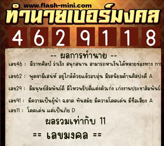 ทำนายเบอร์มงคล 0XX-4629118  ทำนายเบอร์มงคล หมายเลข 098-462911 