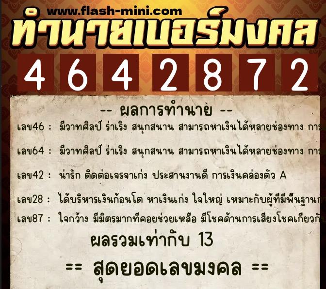 ทำนายเบอร์มงคล 0XX-4642872  ทำนายเบอร์มงคล หมายเลข 084-464287 
