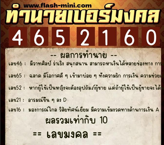 ทำนายเบอร์มงคล 0XX-4652160  ทำนายเบอร์มงคล หมายเลข 084-465216 