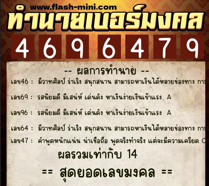 ทำนายเบอร์มงคล 0XX-4696479  ทำนายเบอร์มงคล หมายเลข 066-469647 