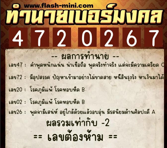 ทำนายเบอร์มงคล 0XX-4720267  ทำนายเบอร์มงคล หมายเลข 060-472026 