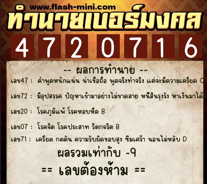 ทำนายเบอร์มงคล 0XX-4720716  ทำนายเบอร์มงคล หมายเลข 089-472071 