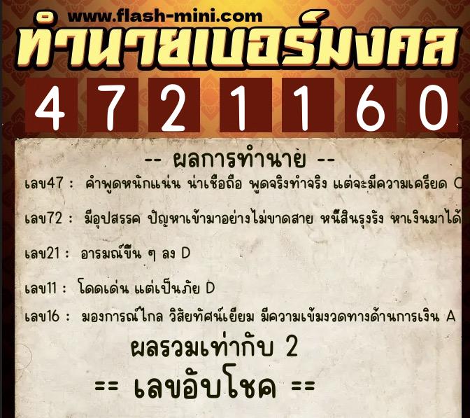 ทำนายเบอร์มงคล 0XX-4721160  ทำนายเบอร์มงคล หมายเลข 095-472116 