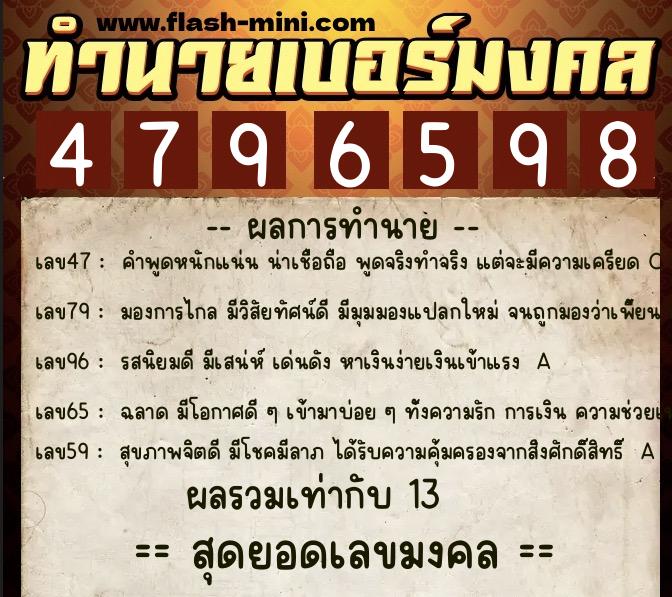 ทำนายเบอร์มงคล 0XX-4796598  ทำนายเบอร์มงคล หมายเลข 064-479659 