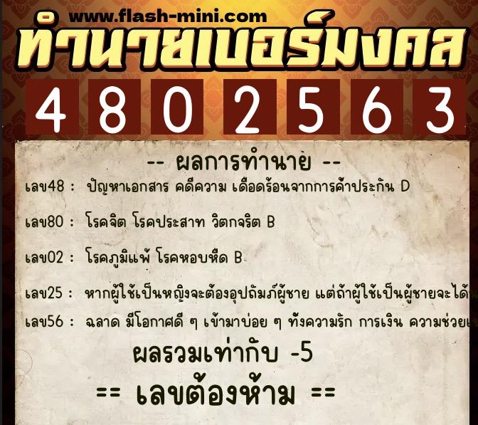 ทำนายเบอร์มงคล 0XX-4802563  ทำนายเบอร์มงคล หมายเลข 068-480256 