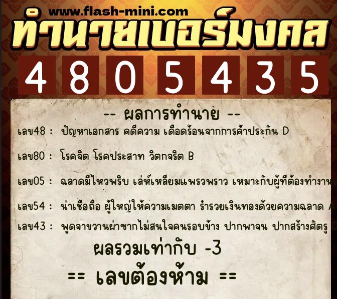 ทำนายเบอร์มงคล 0XX-4805435  ทำนายเบอร์มงคล หมายเลข 086-480543 