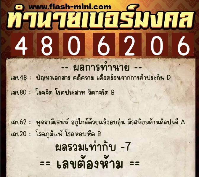 ทำนายเบอร์มงคล 0XX-4806206  ทำนายเบอร์มงคล หมายเลข 081-480620 