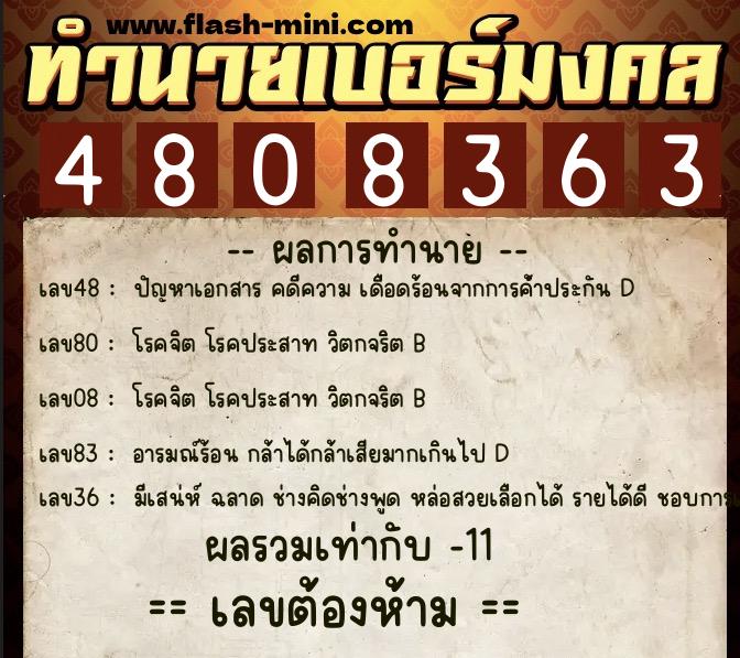 ทำนายเบอร์มงคล 0XX-4808363  ทำนายเบอร์มงคล หมายเลข 095-480836 