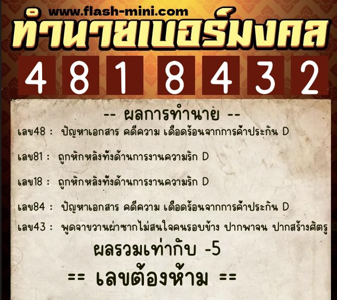 ทำนายเบอร์มงคล 0XX-4818432  ทำนายเบอร์มงคล หมายเลข 069-481843 