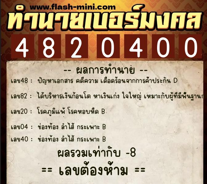 ทำนายเบอร์มงคล 0XX-4820400  ทำนายเบอร์มงคล หมายเลข 067-482040 