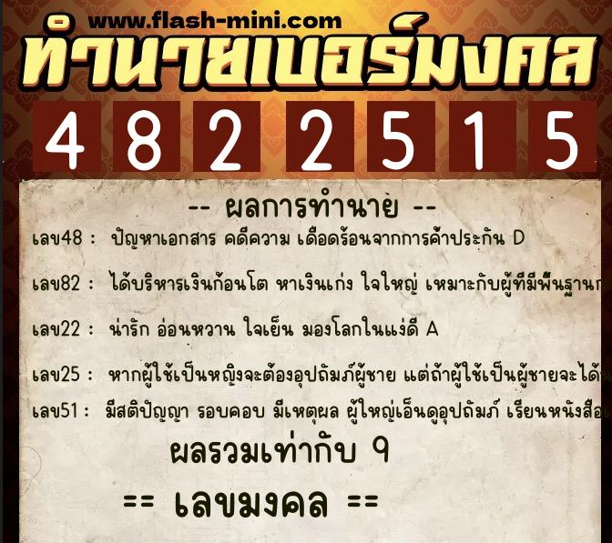 ทำนายเบอร์มงคล 0XX-4822515  ทำนายเบอร์มงคล หมายเลข 067-482251 