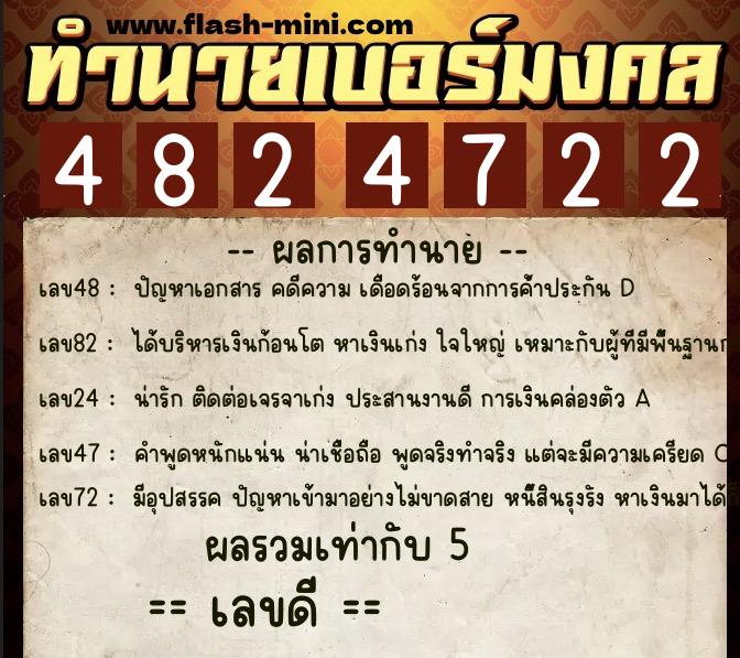 ทำนายเบอร์มงคล 0XX-4824722  ทำนายเบอร์มงคล หมายเลข 089-482472 