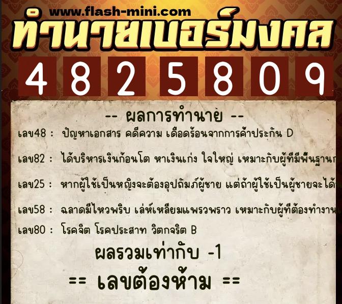 ทำนายเบอร์มงคล 0XX-4825809  ทำนายเบอร์มงคล หมายเลข 069-482580 