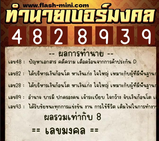 ทำนายเบอร์มงคล 0XX-4828939  ทำนายเบอร์มงคล หมายเลข 067-482893 