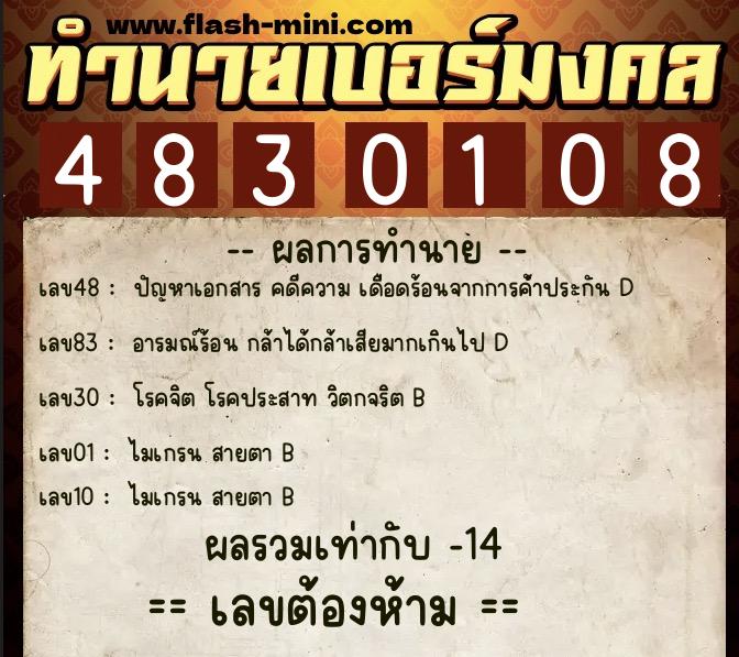 ทำนายเบอร์มงคล 0XX-4830108  ทำนายเบอร์มงคล หมายเลข 061-483010 