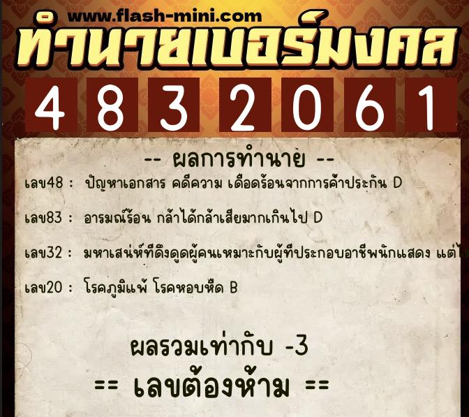 ทำนายเบอร์มงคล 0XX-4832061  ทำนายเบอร์มงคล หมายเลข 082-483206 