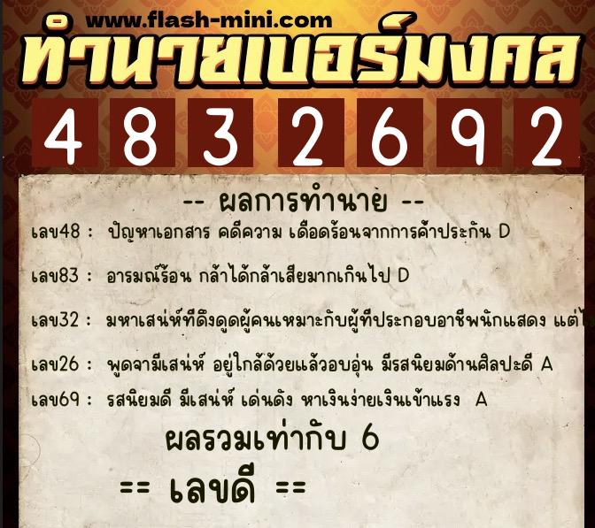 ทำนายเบอร์มงคล 0XX-4832692  ทำนายเบอร์มงคล หมายเลข 091-483269 