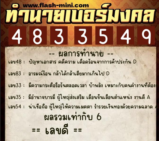 ทำนายเบอร์มงคล 0XX-4833549  ทำนายเบอร์มงคล หมายเลข 066-483354 