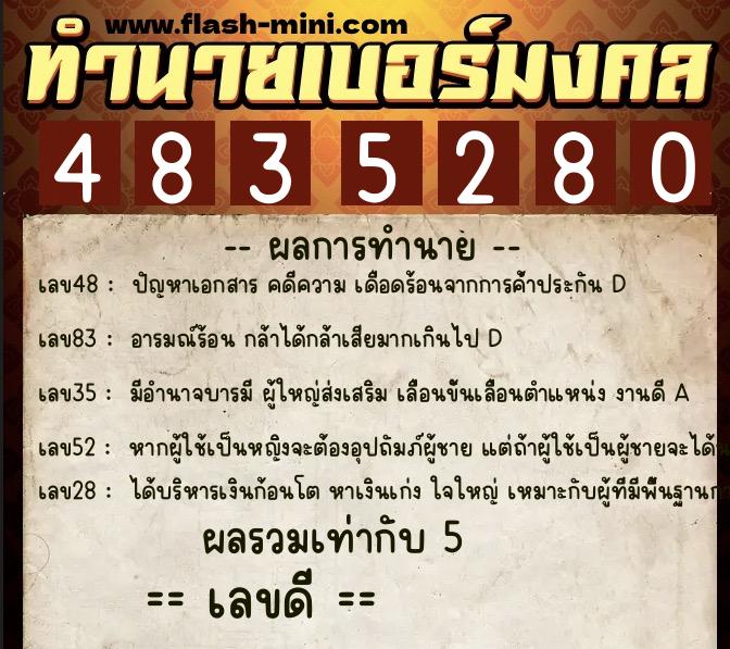 ทำนายเบอร์มงคล 0XX-4835280  ทำนายเบอร์มงคล หมายเลข 096-483528 