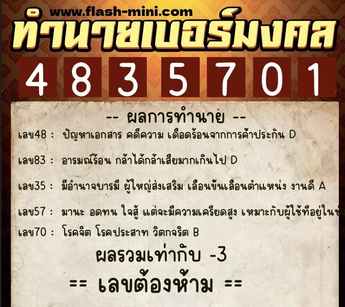 ทำนายเบอร์มงคล 0XX-4835701  ทำนายเบอร์มงคล หมายเลข 090-483570 