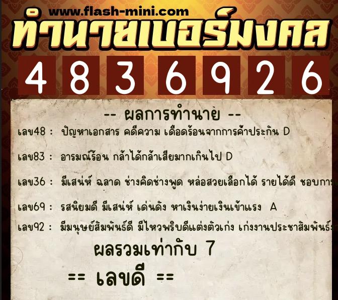 ทำนายเบอร์มงคล 0XX-4836926  ทำนายเบอร์มงคล หมายเลข 064-483692 