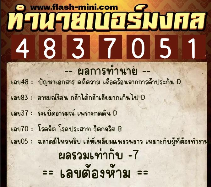 ทำนายเบอร์มงคล 0XX-4837051  ทำนายเบอร์มงคล หมายเลข 094-483705 