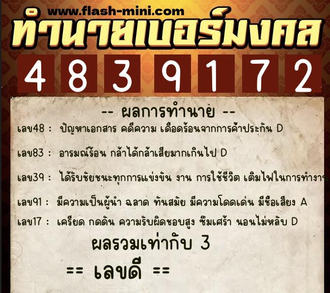 ทำนายเบอร์มงคล 0XX-4839172  ทำนายเบอร์มงคล หมายเลข 096-483917 