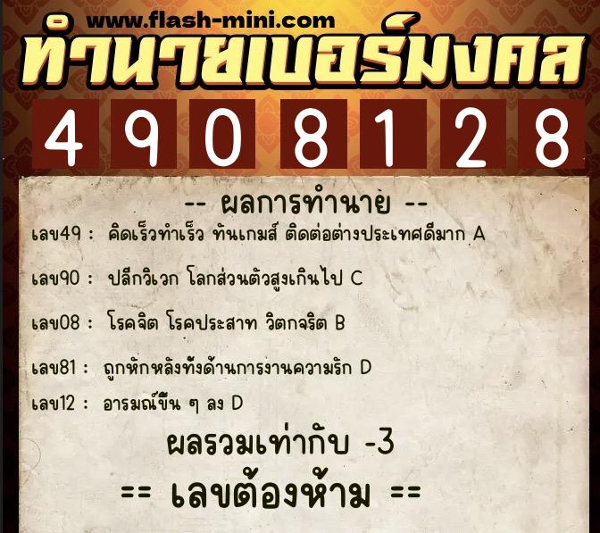 ทำนายเบอร์มงคล 0XX-4908128  ทำนายเบอร์มงคล หมายเลข 060-490812 