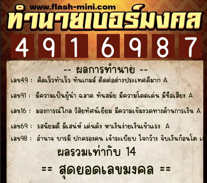 ทำนายเบอร์มงคล 0XX-4916987  ทำนายเบอร์มงคล หมายเลข 061-491698 