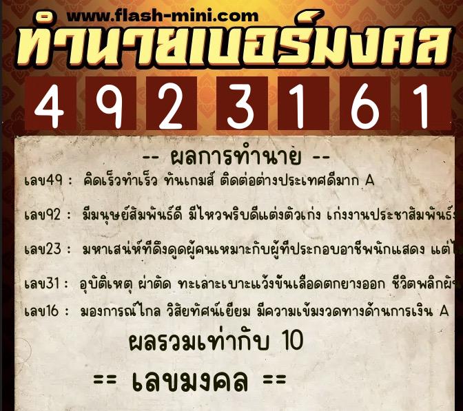 ทำนายเบอร์มงคล 0XX-4923161  ทำนายเบอร์มงคล หมายเลข 090-492316 