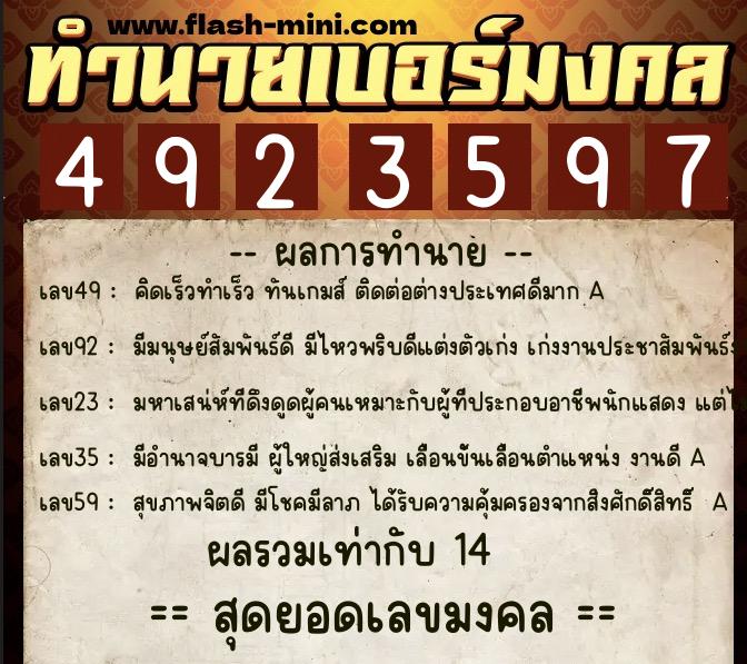 ทำนายเบอร์มงคล 0XX-4923597  ทำนายเบอร์มงคล หมายเลข 089-492359 