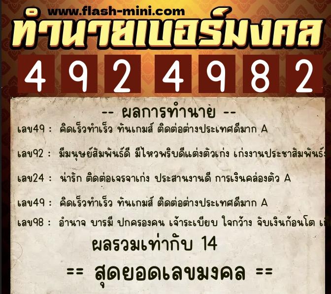 ทำนายเบอร์มงคล 0XX-4924982  ทำนายเบอร์มงคล หมายเลข 084-492498 