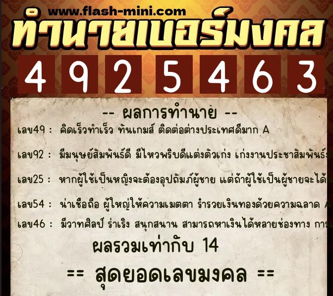 ทำนายเบอร์มงคล 0XX-4925463  ทำนายเบอร์มงคล หมายเลข 065-492546 