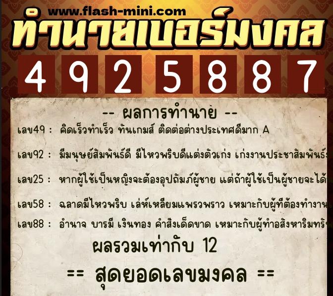 ทำนายเบอร์มงคล 0XX-4925887  ทำนายเบอร์มงคล หมายเลข 084-492588 