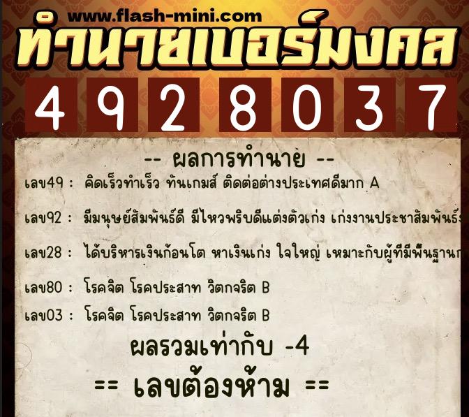 ทำนายเบอร์มงคล 0XX-4928037  ทำนายเบอร์มงคล หมายเลข 062-492803 